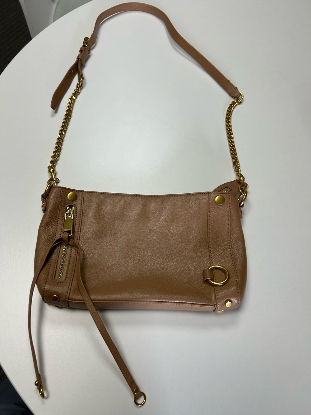 Tan Leather Crossbody Bag with Gold Chain Accent